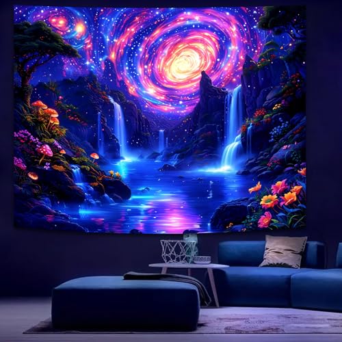 Blacklight Galaxy Waterfall Neon Tapestry