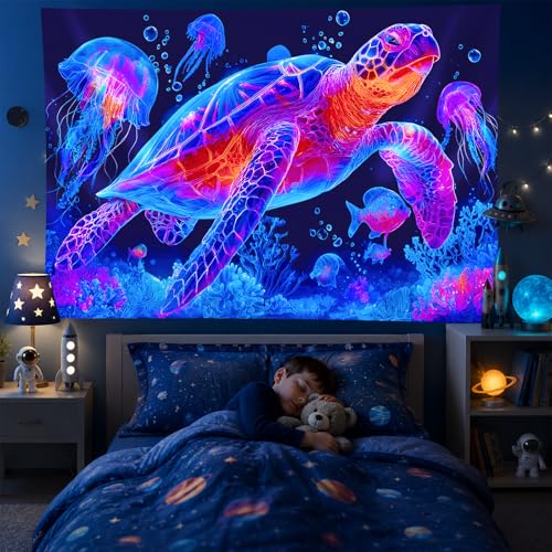 Blacklight Tapestry Turtle Ocean Room Wall Art 78 x 59 Inch