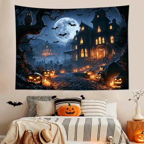 Spooky Halloween Tapestry Black Castle Bat with Pumpkin and Moon Wall Tapestry Spooky Forest Wall Art Decor for Bedroom