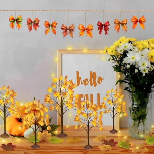 8 Pcs Fall Tree Ornaments Decoration Autumn Leaf Hanging Ornaments 2D Flat Acrylic Pendants Bow Shape Maple Leaf Designs Hanging Ornaments for Home Autumn Festival DIY Craft Supplies Decor (8 Count)