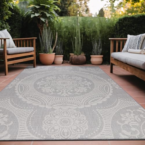 Medallion Outdoor Rug 9x12 Washable Outside Carpet for Indoor Patio Porch Waterproof Easy Cleaning Non Shedding Area Rugs Gray 9 x 12