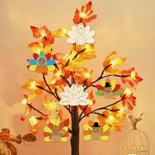 24 PCS Unfinished Wooden Thanksgiving Crafts Turkey Shaped Hanging Ornament (24 Count)