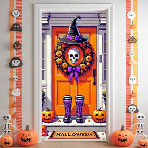 Halloween Door Cover Skull Witch Hat 35x71 Inch Polyester