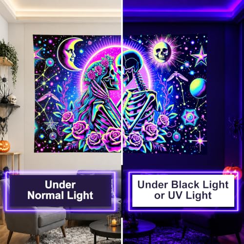 Blacklight Tapestry Skeleton Love Room Wall Art 78 x 59 Inch