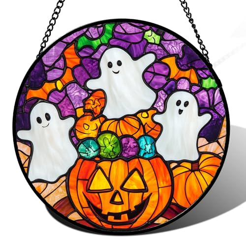 Stained Glass Window Hanging Halloween Horror Pumpkin White Ghost 6.3"