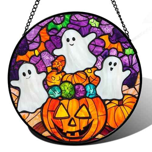 Stained Glass Window Hanging Halloween Horror Pumpkin White Ghost 9.8"