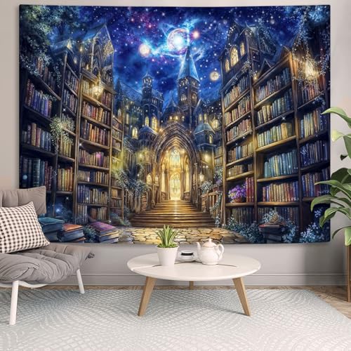 Fantasy Bookshelf Tapestry Space Library Tapestries Wall Hanging Gothic Galaxy Castle Magic Book Large Tapestry for Bedroom Living Room Dorm Classroom 80 x 60 inch