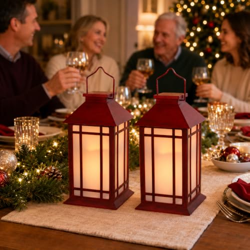 13 Inch Christmas Outdoor Decorative Lanterns with Candle Timer 2 Pack