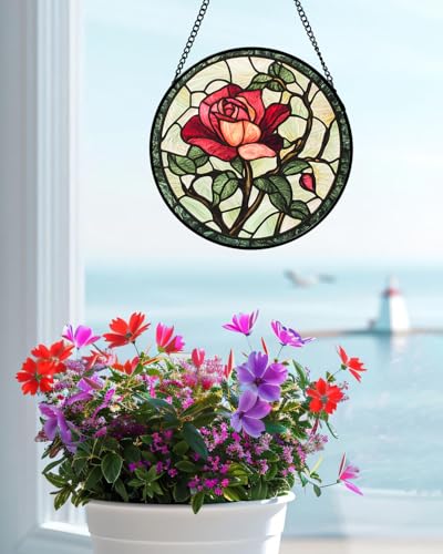 Stained Glass Window Hanging Red Rose Suncatcher Gifts for Women 15"