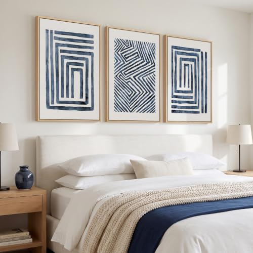 Large Framed Navy Blue Abstract Wall Art for Living Room (3 Count)