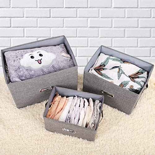 Large Linen Fabric Foldable Storage Bins with Removable Lid and Handles