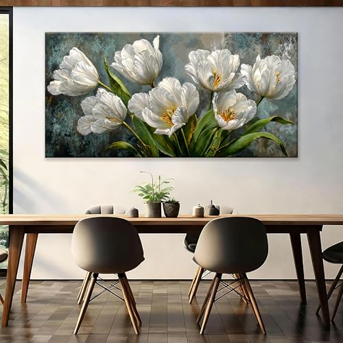 Oversized Canvas Wall Art Decor White Tulip Flower Canvas Art Wall Decor For Living Room Modern Floral Botanical Wall Art Prints Elegant Nature Flower Wall Art For Bedroom Home Office Decor 29"×58"