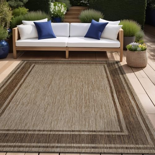 Large Outdoor Rug 9x12 Modern Bordered Area Rugs for Indoor and Outdoor Patio Deck Porch Garden Waterproof Weather Sun Resistant Washable Outside Carpet (108 Sq Ft)