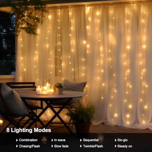 9.8ft×9.8ft Curtain Lights Battery Operated with Remote Warm White