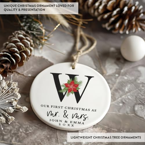 Personalized Our First Christmas As Mr. & Mrs. 2026 Christmas Ornaments Monogram Poinsettia 2.8" Round Porcelain Ceramic 1st Year Married Custom Ornament Keepsake for Newlyweds 1