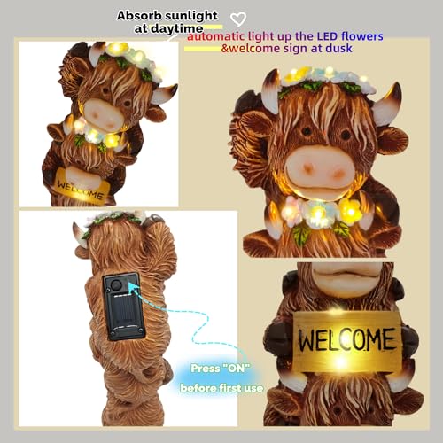 12 Inch Highland Cow Garden Statue Solar Outdoor Decor for Yard Patio Porch