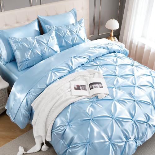 Satin Twin XL Comforter Set Light Blue