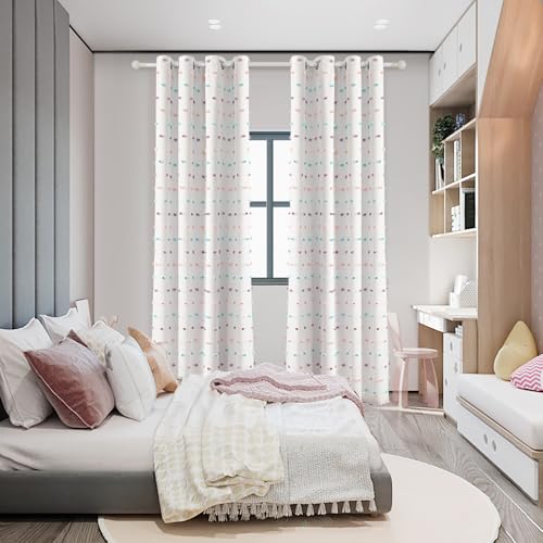 Total Blackout Curtains for Living Room 95 Inch Long 100% Light Blocking Curtains for Bedroom 2 Panels Set Privacy Protect Grommet 2 Layered Drapes with Rainbow Pom Pom Sheer 50W x 95L (2 Count)
