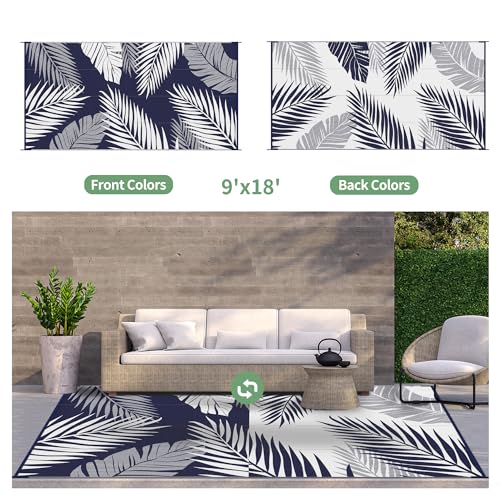 Outdoor Rug Waterproof Plastic Rugs 9'x18' for Camping Blue White