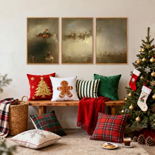 3 Pcs Santa Sleign Rides Framed Canvas Wall Art 16x24 Inch