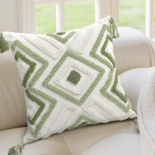 Boho Pillow Covers 18X18 Inch Boho Tufted Throw Pillow Covers Decorative Tassels Cushion Cover Farmhouse Pillow Case for Couch Sofa Bed Living Room Bedroom