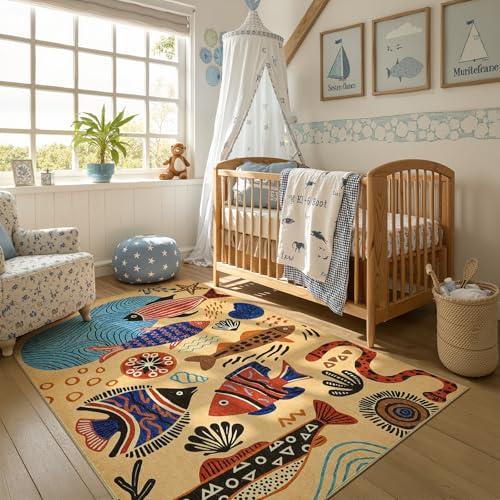 5x7 Coastal Area Rug Washable Kids Rug Colorful Ocean Fish Mat (35 Sq Ft)