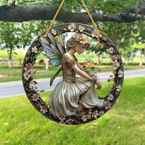 Flower Fairy Garden Decorations Angel Wing Christmas Halloween Deco Statue Art Elf Sculpture Hanging Craft for Outdoor Yard Courtyard Lawn Patio Window Acrylic Ornament Home Gift