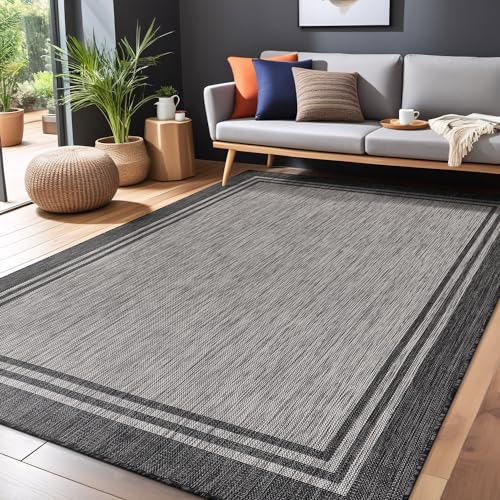 Bordered Outdoor Rug 8x10 Washable Outside Carpet for Indoor Patio Porch Waterproof Easy Cleaning Non Shedding Area Rugs Dark Gray 8 x 10