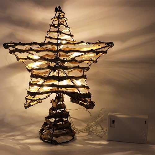 Rustic Rattan Christmas Tree Star Topper with LED Lights