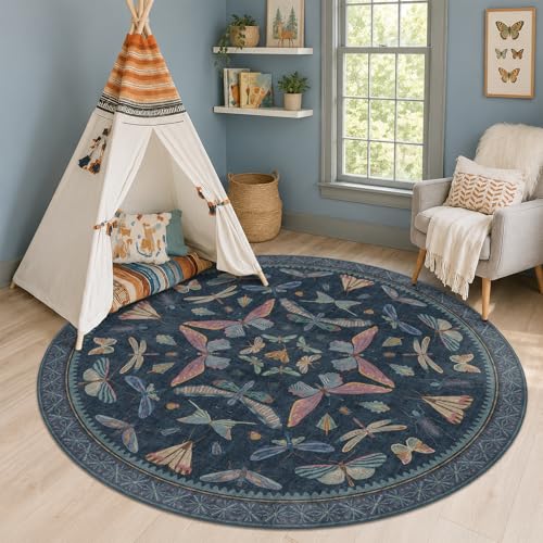 Dark Blue Vintage Playroom Round Rug 6ft (28.27 Sq Ft)