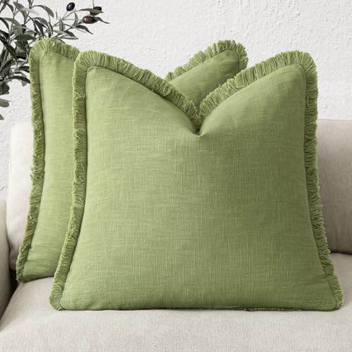 Decorative Linen Fringe Throw Pillow Covers 24×24 Lush Green (2 Count)
