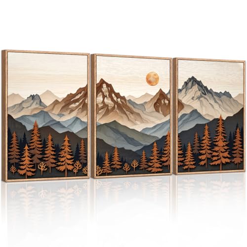 Boho Woodcut Mountain Framed Canvas Wall Art