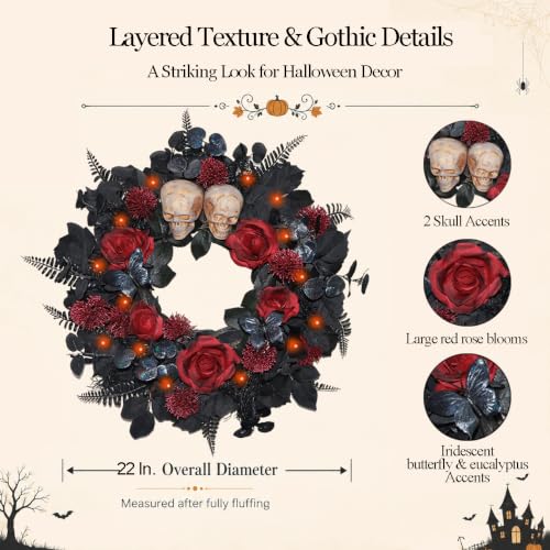 22 Inch Lighted Halloween Wreath with 40 Orange LEDs and 2 Skulls