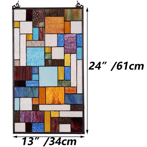 Geometric Color Block Tiffany Style Stained Glass Window Panel with Hanging Chain