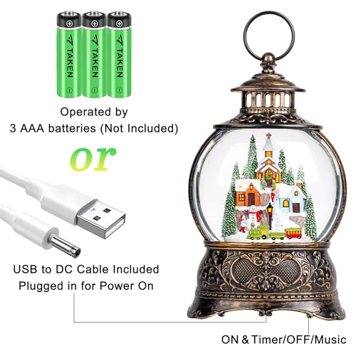 Christmas Snow Globe Water Lantern with Mountain Village and Train Scene Battery Operated or USB Powered Musical Lighted Holiday Decoration for Tabletop Display for Family and Friend