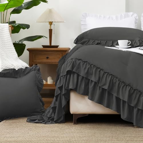 Dark Grey Ruffle Super King Comforter Set