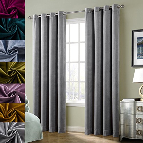 Super Soft Luxury Velvet Smoky Gray Classic Light Blocking Drapes Curtains Panels Home Theater Grommet Drapes Eyelet 52Wx108L inch Light Grey (2 Count)