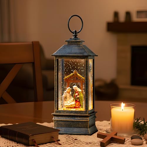 10'' Musical Snow Globe Lantern Lighted Nativity Manger Scene Water Lantern Swirling Glittering Home Decoration and Gift