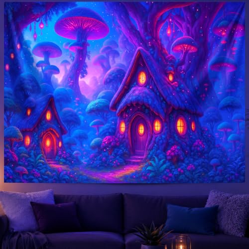 Blacklight Tapestry Mushroom Fairy UV Wall Art 78 x 59 Inch