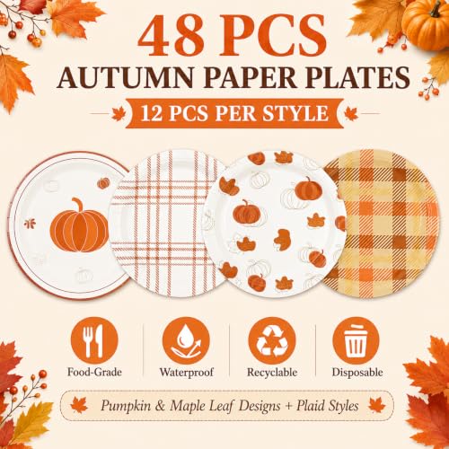 48Pcs Fall 7inch Paper Plates (48 Count)