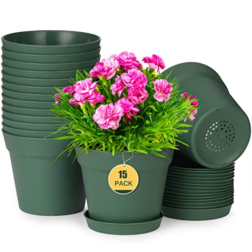 6 Inch Plastic Plant Pots with Drainage Holes and Saucers (15 Count)