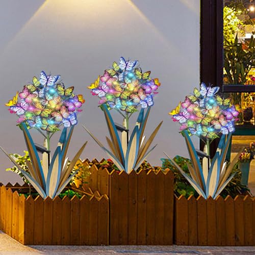 Solar Metal Agave Butterfly Flower Stick Garden Sculpture (3 Count)