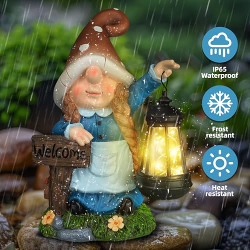 12.4” Solar Gnome Garden Statue with LED Lantern Welcome Sign Blue