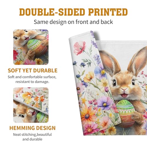 Easter Rabbit Placemats Set of 4 Spring Bunny Colorful Egg Wildflower Place Mat 12x18 Inch Seasonal Farmhouse Linen Fabric Table Mats for Kitchen Dining Outdoor Indoor Easter Party (4 Count)