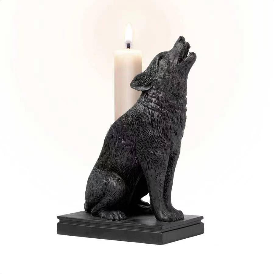 Gothic Black Wolf Candle Holder Statue