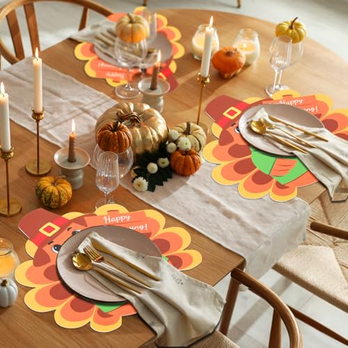 15'' Thanksgiving Turkey Placemats Set of 6 Washable Thanksgiving Leather Place Mats Nonslip Turkey Shape Fall Table Mats for Holiday Autumn Harvest Party Kitchen Dining Tableware Decorations (6 Count)