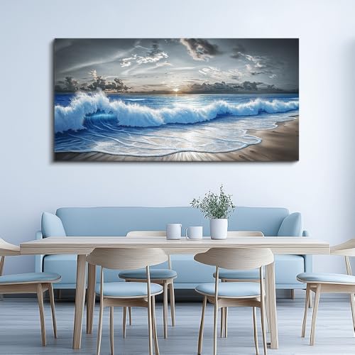 Wall Art Modern Black White And Blue Ocean Wave Painting 24"X48"