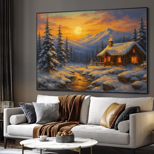 36"x46" Extra Large Framed Wall Art Cozy Cabin in Snowy Mountain Landscape at Sunset for Home Living Room Bedroom Decor