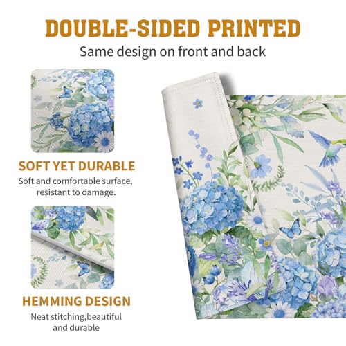 Blue Hydrangea Placemats Set of 4 Spring Summer Floral Green Leaf Bird Table Mat 12x18 Inch Rustic Daisy Flowers Hummingbird Place Mats for Party Kitchen Dining Outdoor Indoor Decor (4 Count)