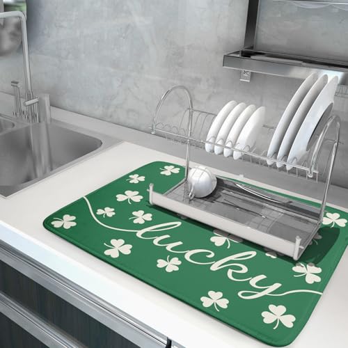 St Patricks Day Dish Drying Mat for Kitchen Lucky Shamrocks Absorbent Reversible Microfiber Kitchen Countertop Protector Dishes Pad Large 18x24 inch